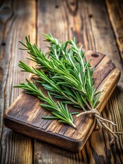 Fresh rosemary sprig with slender stems and delicate needle-like leaves on a rustic wooden cutting board