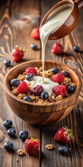 Crunchy granola clusters with fresh mixed berries and a splash of creamy oat milk sauce drizzled over a rustic wooden bowl