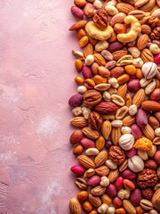 Colorful assortment of nuts arranged artfully on a soft pink background with subtle texture and gentle gradient effects