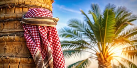 Traditional Middle Eastern Keffiyeh Headscarf Wrapped Around a Wooden Date Palm Tree