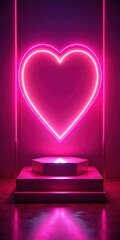 Pink podium with red heart neon light installation art piece backdrop