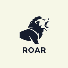 A stylized dark silhouette of a roaring lion's head and upper body, with the word 