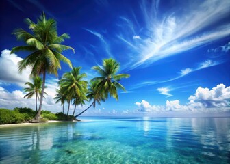 A serene ocean scene with a bright blue sky and swaying palm trees on a tropical island
