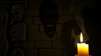 Candlelight illuminates a skull in a dark room