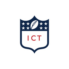 ICT American Football Logo Design. ICT Modern Sports Shield Emblem with Stars and Ball for Football Club ICT Tournament and Team Branding.
