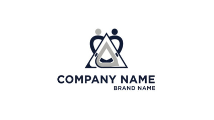 Abstract logo design featuring two stylized figures forming a heart shape above a triangle with internal geometric elements and placeholder text for company and brand names.