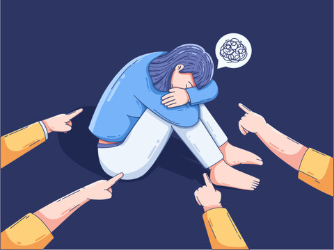 depression, stress, bullying, anxiety, social stigma, emotional pressure with distressed person sitting on the ground with a scribbled thought bubble above head, surrounded by pointing hand