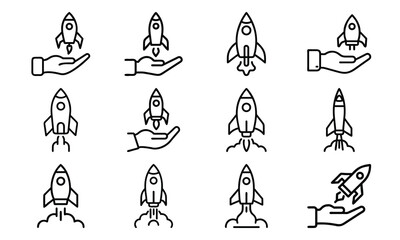 Business Finance Line Icons Collection – Growth, Strategy, Investment, Planning, Rocket Launch, Contracts, Charts, and Office Management Vector Set