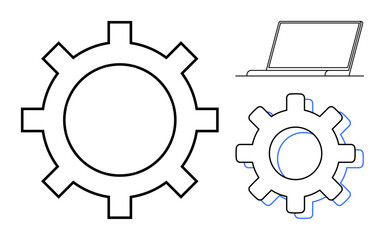 Large gear with smaller gear and minimal laptop design. Ideal for technology, process, engineering, innovation, workflow, efficiency, digital transformation. Clean and simple flat metaphor