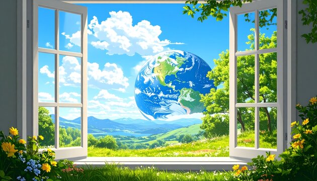 Open window view of a vibrant, idyllic landscape with a large Earth globe floating in the distance
