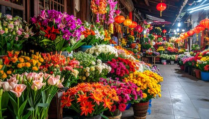 Vibrant Asian Flower Market Stall Overflowing with Colorful Blooms Under Lantern Light