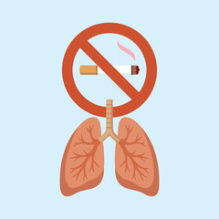 Illustration of a smoking ban with a cigarette symbol crossed out over human lungs, depicting a lung health campaign and the dangers of smoking for breathing.