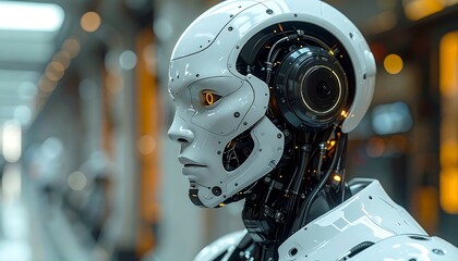 Fototapeta premium A close-up profile of a sleek, white robotic head with golden eyes and exposed internal mechanisms. The background is blurred