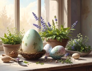 Springtime Easter eggs and flowers by the window