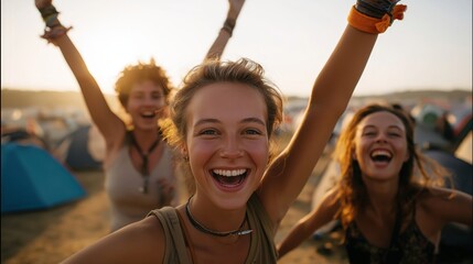 Three joyful friends celebrating outdoors, surrounded by colorful tents, embodying a spirit of happiness and adventure.