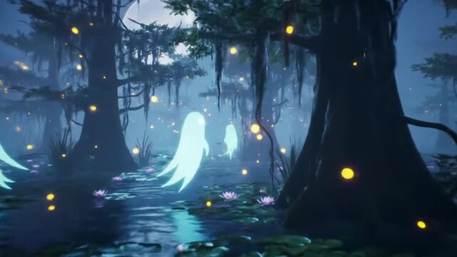 Digital illustration of glowing spirits in a mystical, moonlit swamp on Halloween night with fireflies and Spanish moss.