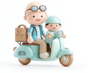 Fototapeta premium Clay smiling young man with child sitting on motorbike, Cute clay-style illustration of a smiling man riding a scooter with a child, both wearing helmets and happy expressions