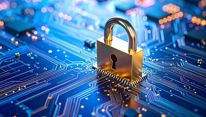 A close-up rendering of a golden padlock resting on a computer circuit board, signifying cybersecurity