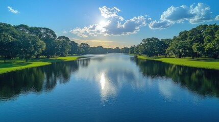 Serene view of calm water reflecting sky and trees under the sun