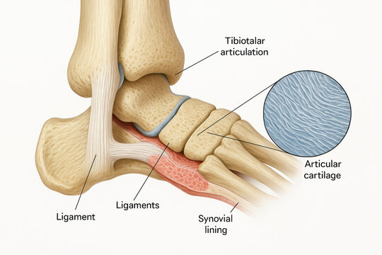 Detailed illustration of the human ankle and foot anatomy, highlighting the tibiotarsal articulation, ligaments, synovial lining, and articular cartilage.