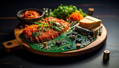 photograph of an electronic circuit board shaped like a cutting board, 