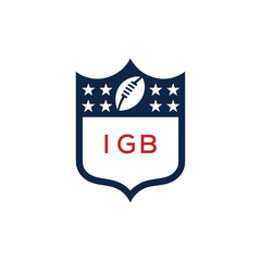 IGB American Football Logo Design. IGB Modern Sports Shield Emblem with Stars and Ball for Football Club IGB Tournament and Team Branding.
