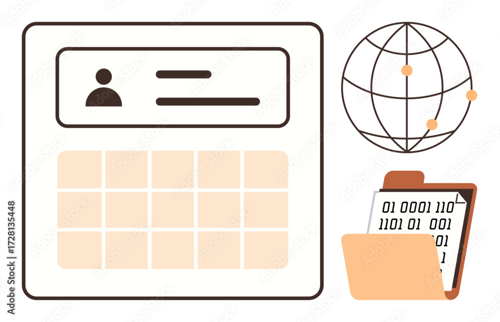 Poster user profile and calendar grid representing scheduling and account identifiers, globe symbolizing gl