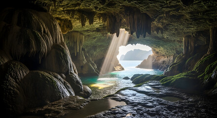 Dramatic Cave with Stalactites and Turquoise Water on Sunny Day