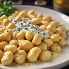 Close-up, cheesy gnocchi, blue cheese sauce, garlic,  brown,  italy,  gourmet