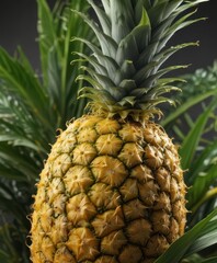 Close-up of ripe pineapple, vibrant yellow skin, green leaves , fresh, juicy, detail