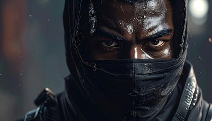 A close-up, intense portrait shows a person of color, partially covered, looking intently forward. Their determined gaze suggests strength