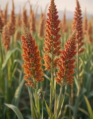 Close-up of ripe sorghum seed heads on stalks in a field,  sorghum field,  seed,  plant