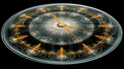 Futuristic glowing digital clock striking midnight with neon circuits, holographic fireworks, and fractal snowflakes in cyber style.