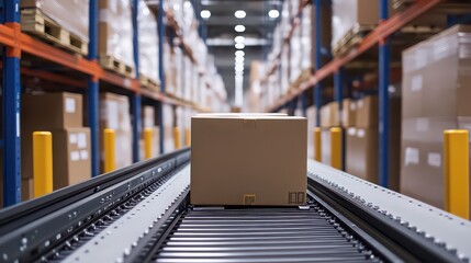 A cardboard box on a conveyor belt in a warehouse with shelves and boxes in the background blur view