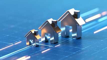 Silver house icons showcasing growth and progress in real estate investment against a futuristic blue backdrop