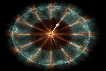 Fototapeta premium Futuristic glowing digital clock striking midnight with neon circuits, holographic fireworks, and fractal snowflakes in cyber style.