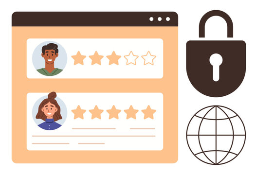 Browser window displaying user profiles with star ratings, large lock for security, globe symbol for global access. Ideal for feedback, cybersecurity, trust, review platforms, internet usage, user