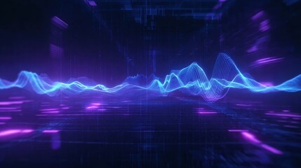 Abstract background featuring digital technology elements like connected dots on 3D waves, representing AI, big data, and virtual reality. Suitable for websites, presentations, and futuristic projects