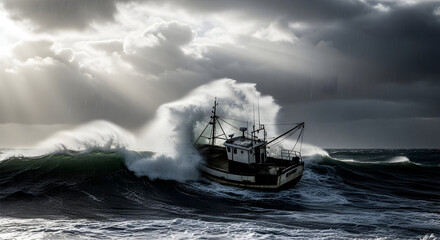 Fishing Boat Navigating Rough Seas Under Dramatic Cloudy Sky
