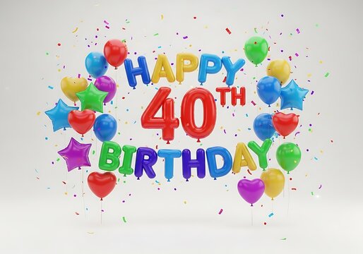 Happy 40th Birthday Colorful Balloon Text with Heart and Star Balloons and Confetti Isolated on White