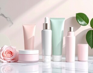 skincare products arrangement on marble surface, Korean beauty 