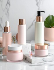 skincare products arrangement on marble surface, Korean beauty 