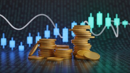 Stacked golden coins representing investment growth and financial success with a digital stock market chart