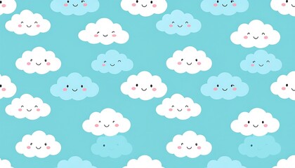 Fototapeta premium Seamless pattern of cute cartoon clouds with happy faces on a light blue background