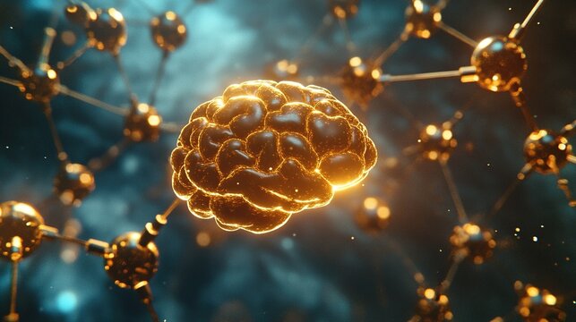 A golden molecular structure of spermidine floating above a brain-shaped nebula, glowing with energy.
