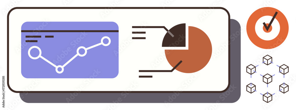 Poster line graph and pie chart on dashboard, checklist icon, and cube grid. ideal for analytics, business 