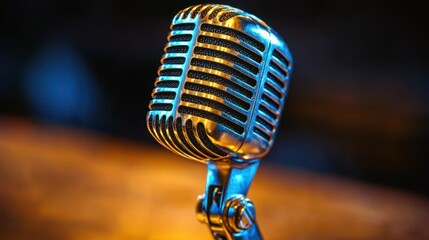 Shiny, classic microphone on stand, well lit close-up