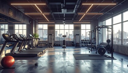 Professional fitness equipment arrangement, modern gym setup, athletic gear and acce 
