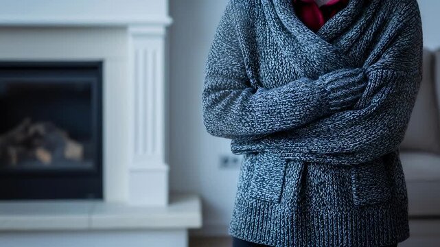 Unrecognizable woman shivering from cold in a home with a non-working fireplace, a home heating problem concept, footage.