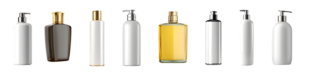 Set of realistic cosmetic bottles and containers for beauty products.
